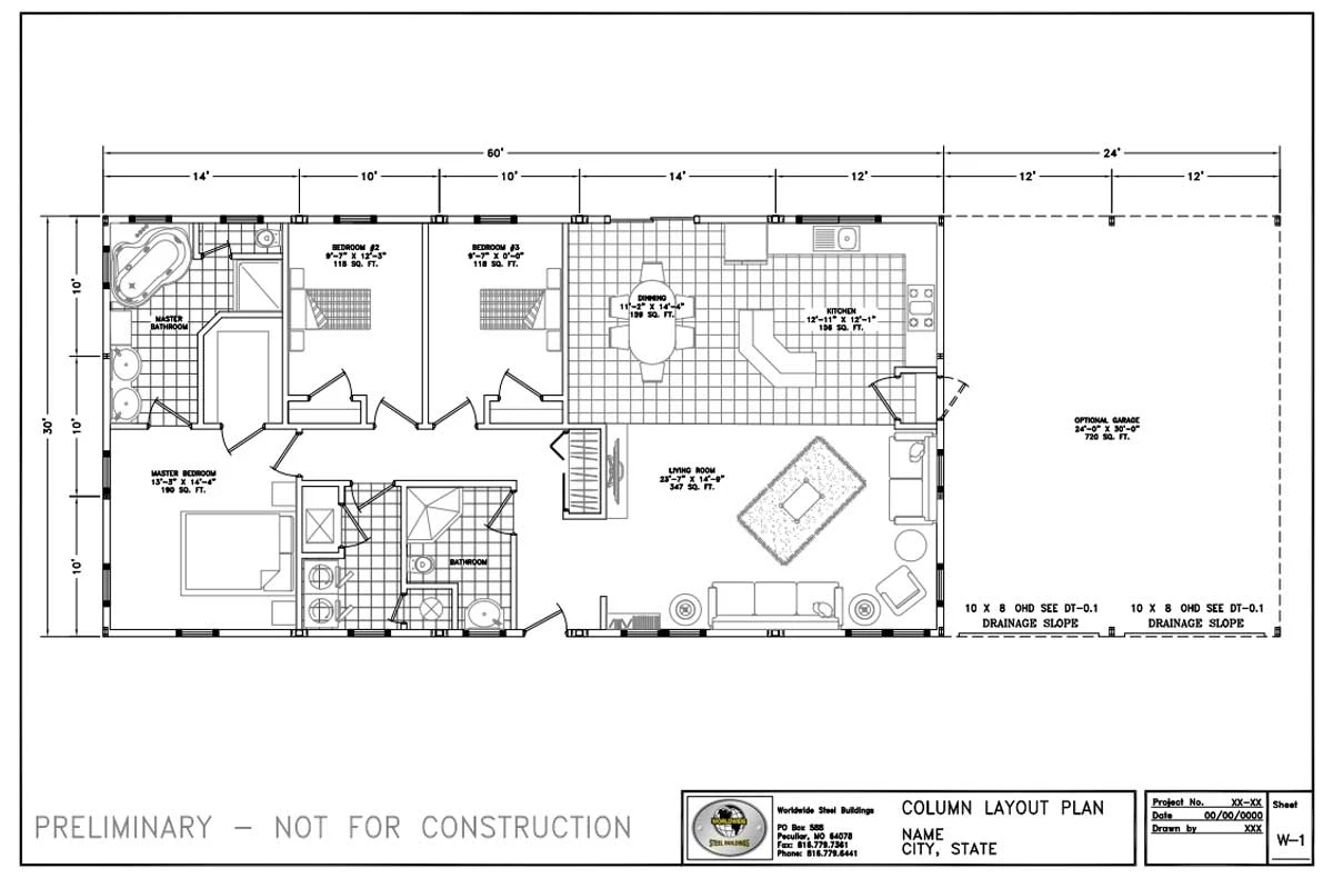 30w 60l Floor Plans W-1 Column Layout - Worldwide Steel Buildings