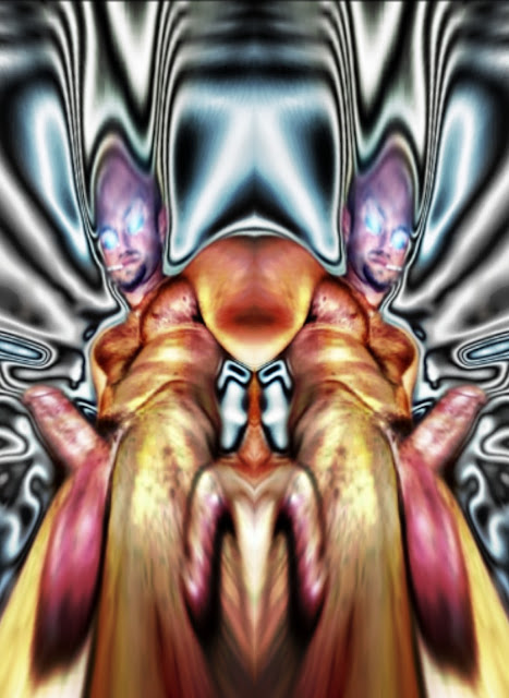 Mirrored cartoon image of muscular brainwashed boner blonde guy facing outward away from self with glowing trance eyes standing superior whole spewing trippy metallic designs from tip of penis.