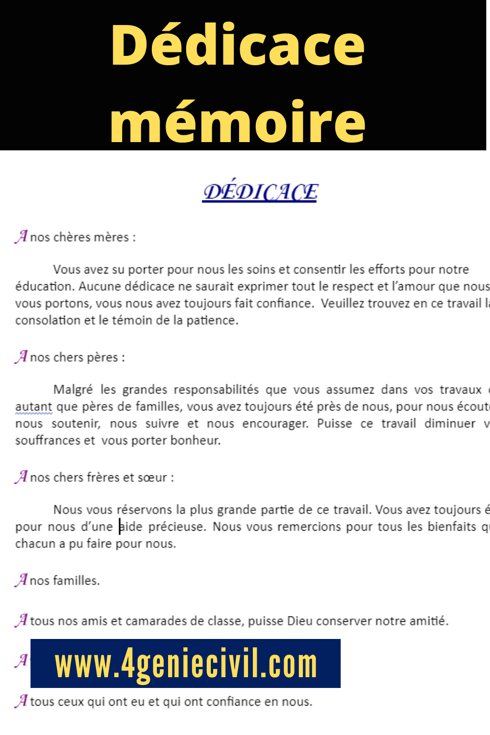 Exemple de dédicace de mémoire de fin d'étude