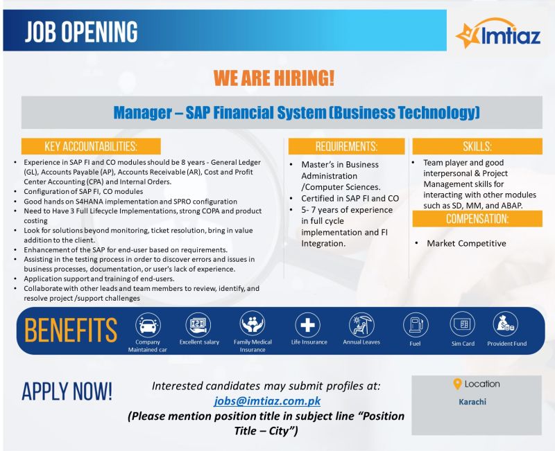 Imtiaz Super Market Jobs Manager - SAP Financial System