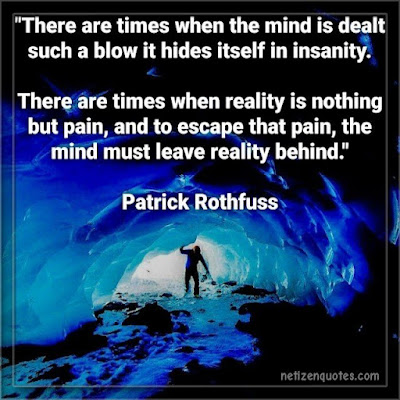 There are times when the mind is dealt such a blow it hides itself in insanity. There are times when reality is nothing but pain, and to escape that pain, the mind must leave reality behind.  Patrick Rothfuss  Criminal Minds Quotes season 09 episode 19.
