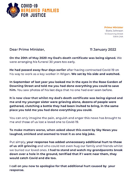 COVID19 bereaved families for justice group letter to Boris page 1