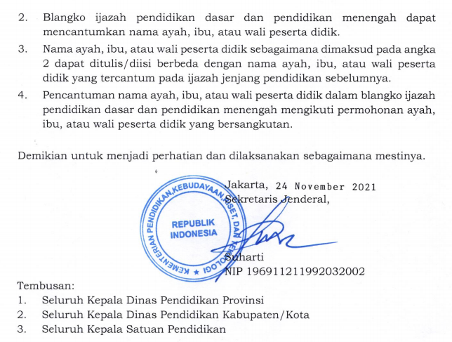 Surat Edaran (SE) KemendikbudRistek Nomor 28 Tahun 2021 Tentang Pelaksanaan Pengisian Blangko Ijazah Pendidikan Dasar Dan Pendidikan Menengah (Dikdasmen)