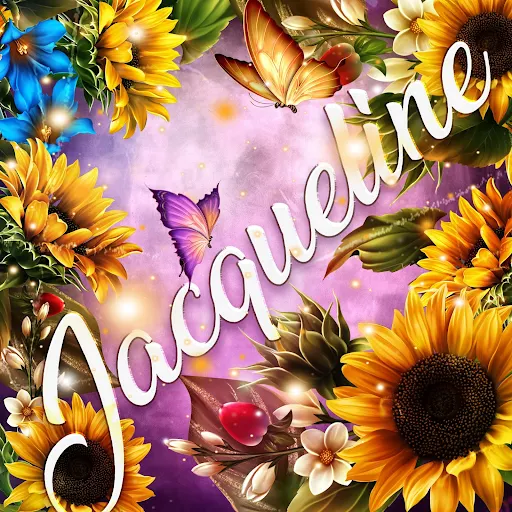 imágen con el nombre jackqueline con fondo de girasoles y mariposas para descargar gratis