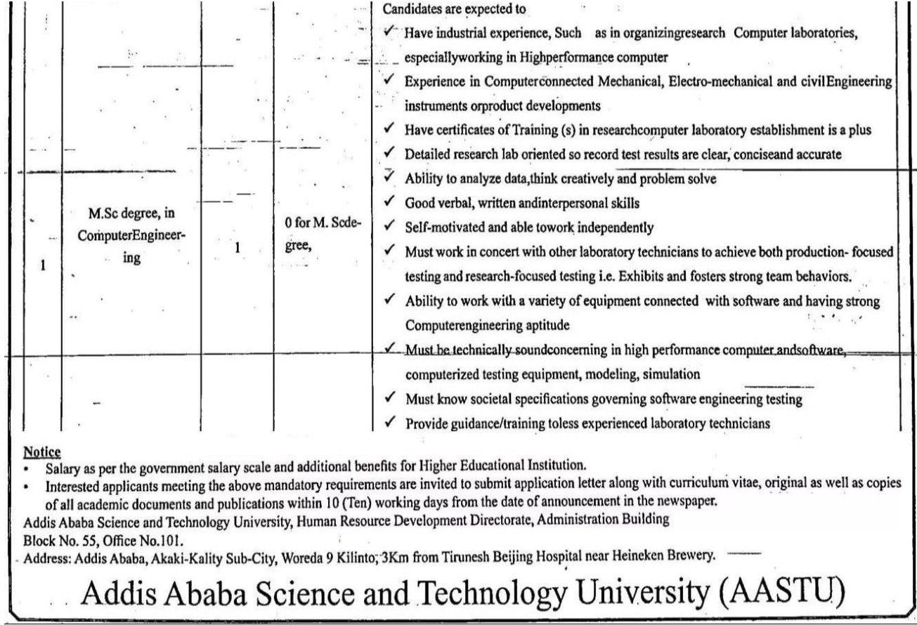 Addis Ababa Science and Technology University Job Vacancy