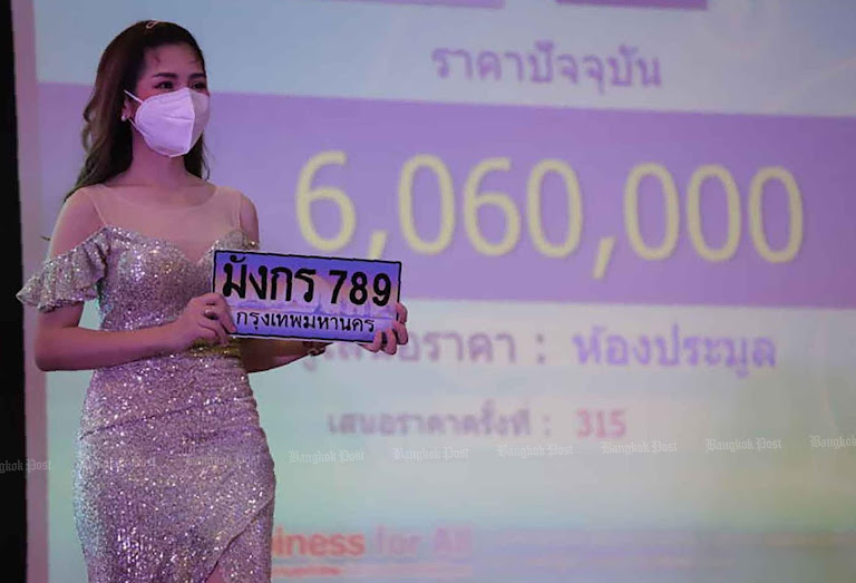 Model brandishes auctioned license, as wealth fuels status symbols online.