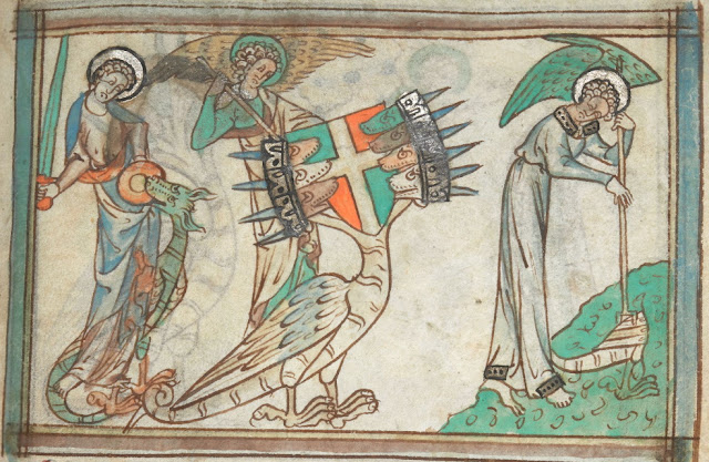 Seven-headed dragon, Devil, in BL Royal MS 2 D XIII, Apocalypse, manuscript