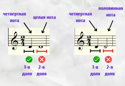 Иллюстрация невозможности вместить целую и половинную ноту в одну долю