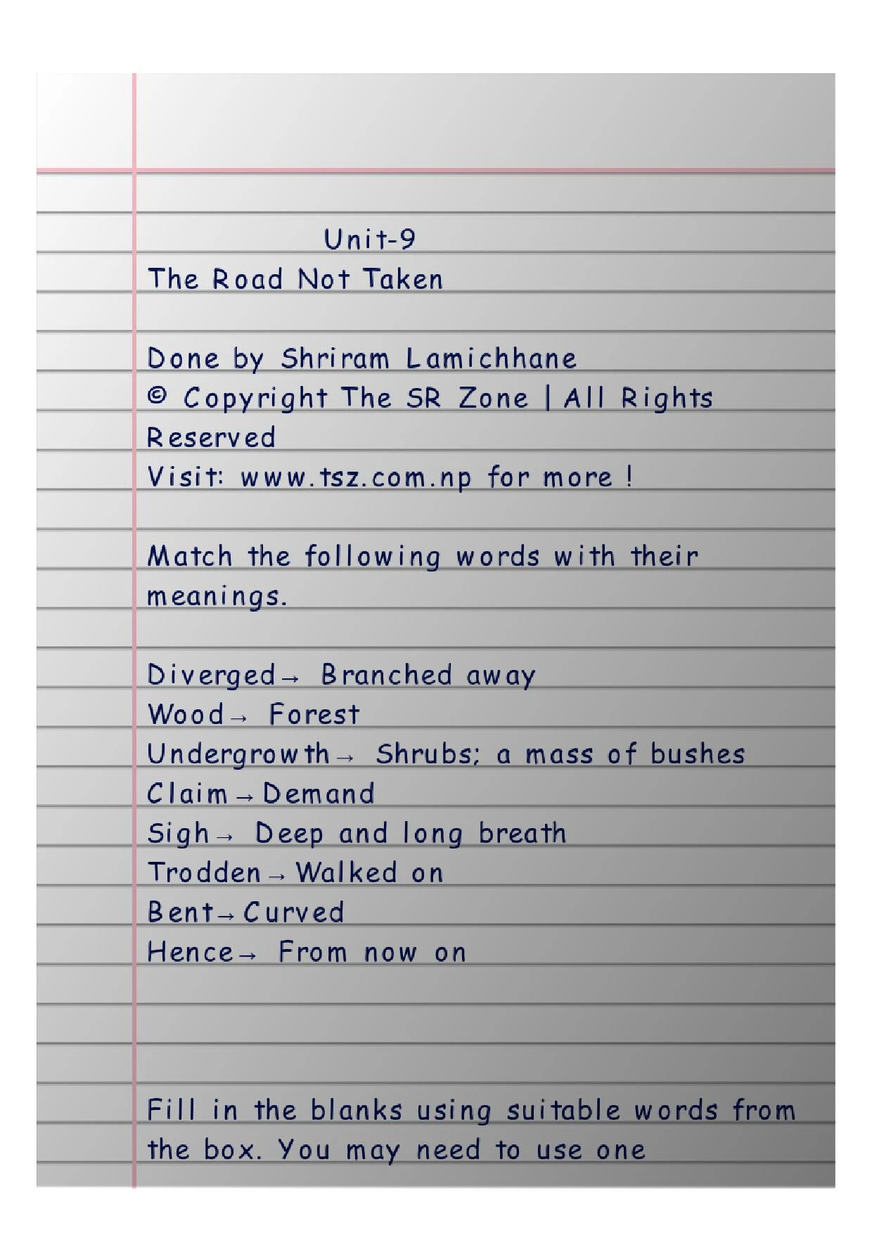 The Road Not Taken Poem Exercise Class 10 English Unit 9