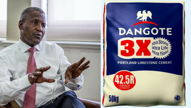 Alt: = "Aliko Dangote and Dangote 3X Cement bag"