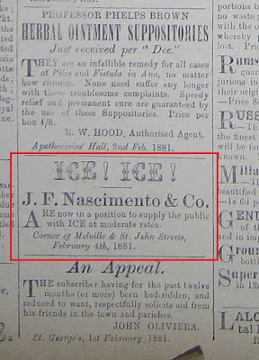 Figure 14. Ice advertised for sale in The George’s Chronicle and Grenada Gazette, 12 February 1881, page 1