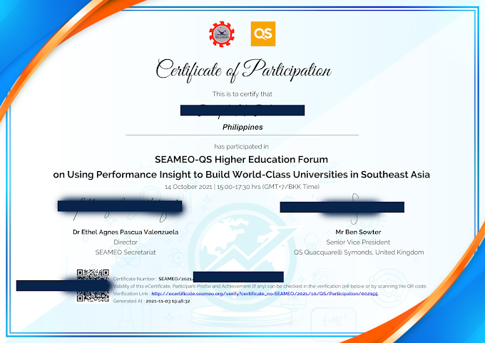 SEAMEO Webinar Certificate Now Ready for Download | SEAMEO-QS Higher Education Forum on Using Performance Insight to Build World-Class Universities in Southeast Asia on 14 October 2021.