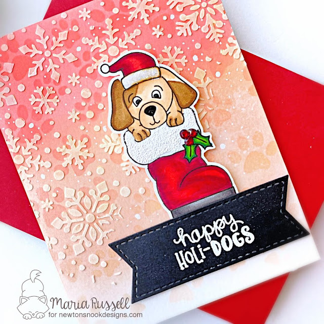 Happy Holi-Dogs Card by Maria Russell | Christmas Puppies Stamp Set, Snowfall Stencil, and Pawprints Stencil by Newton's Nook Designs #newtonsnook #handmade