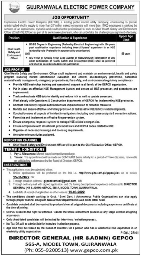 Chief Health Safety & Environment Officer Jobs in GEPCO