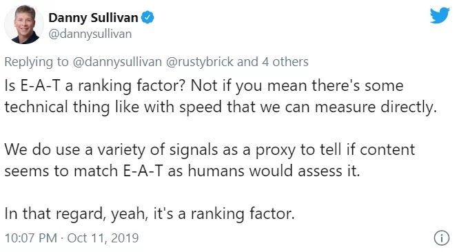 Danny Sullivan's tweet about Google E-A-T