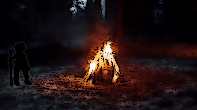 Welcome screen containing shadow outline of character one with white glowing edges by a campfire