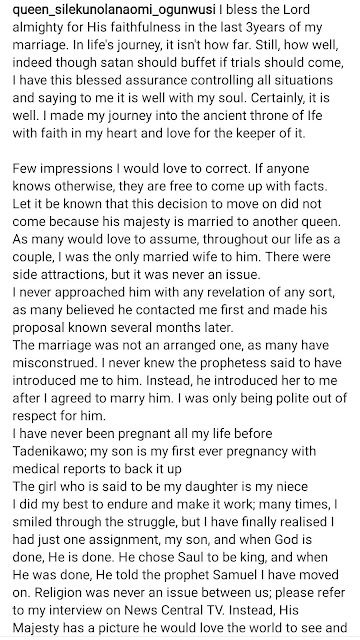 I did my best to endure and make it work - Ooni of Ife's wife announces her marriage to the monarch is over