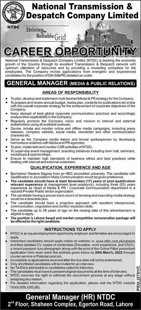 National Transmission & Dispatch Company Jobs 2022