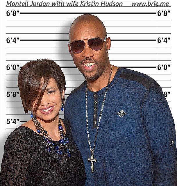 Montell Jordan standing with wife Kristin Hudson in front of a height chart background