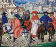 Detail of Lydgate and the Canterbury Pilgrims leaving Canterbury (1520)