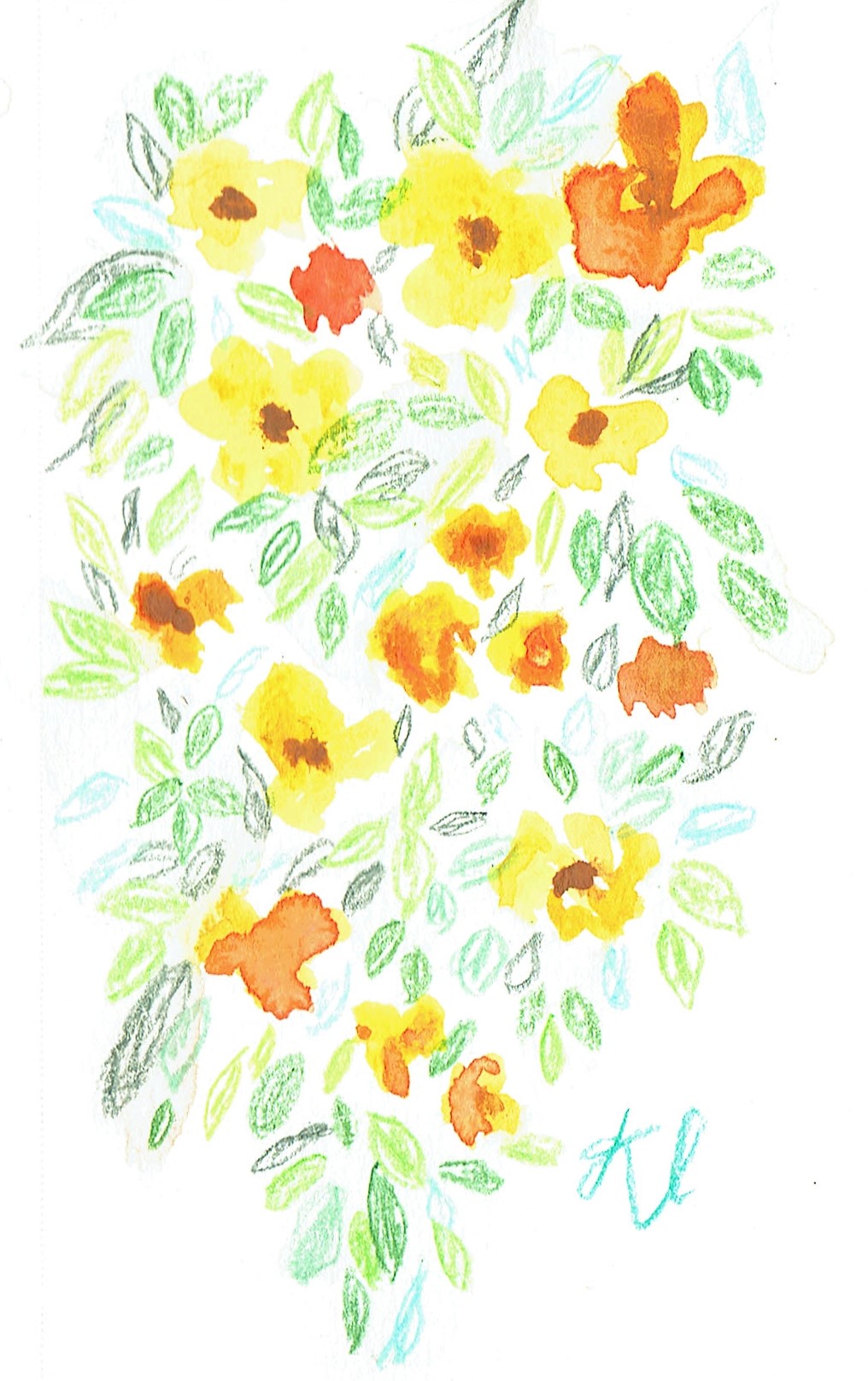 pnącza żółto-pomarańczowych kwiatów, akwarela