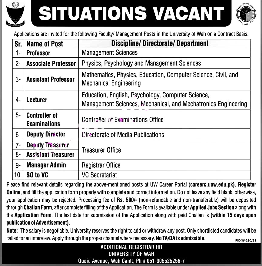 University of Wah Latest Jobs 2022 – Apply Online via careers.uow.edu.pk