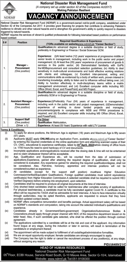 National Disaster and Risk Management Fund jobs in Islamabad