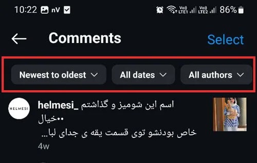 الإعدادات وترتيب التعليقات على Instagram