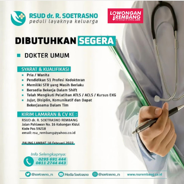 Lowongan Kerja Dokter Umum RSUD dr. R. Soetrasno Rembang