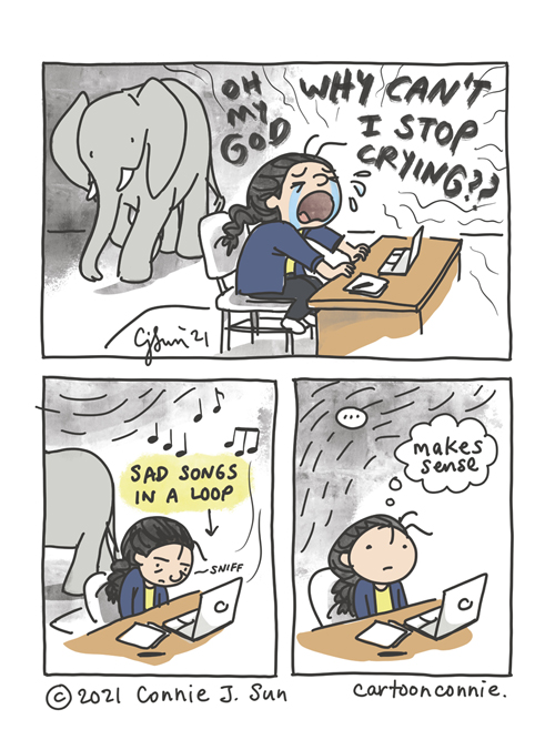 3-panel comic of a girl with a braid sitting at a desk and crying a river, as an elephant ambles by, unfazed. Panel 1 text reads, "OH MY GOD WHY CAN'T I STOP CRYING??" Panel 2 shows a moment of reflective pause, music notes coming from her laptop, which are "sad songs in a loop." Elephant walks away, leaving the frame. In panel 3, girl is sedate and has stopped crying. After a beat, the thought bubble reads, "Makes sense." Diary comic strip by Connie Sun, cartoonconnie