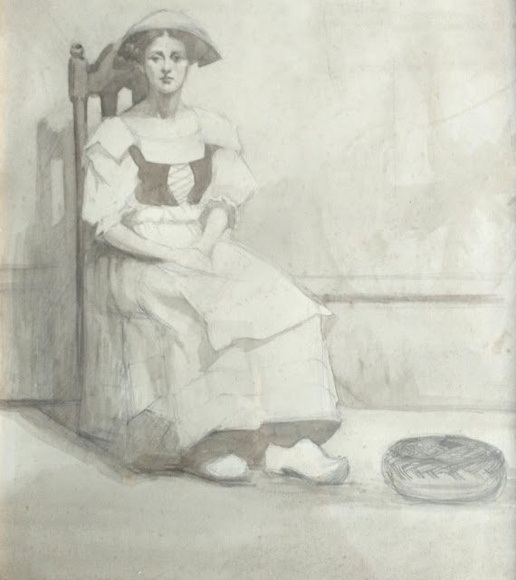 "Untitled (Young woman seated)," a pencil drawing with grey wash, of a peasant girl, by Scottish artist Winnifred Stuart Burnett.