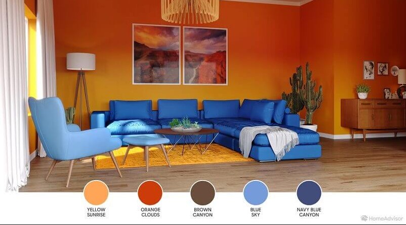 blue and orange color scheme for living room