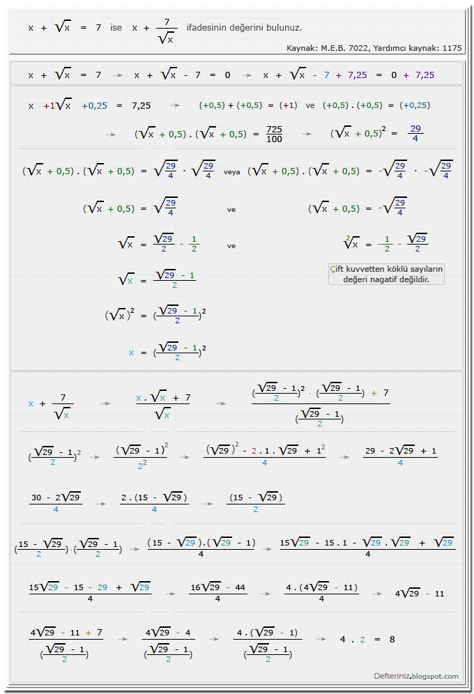 Örnek-soru-10 » x + a√x - b + c = 0 + c şeklinde ondalık sayı ile toplanıp toplamın karesine dönüşen köklü eşitlikler » Çarpanlarına ayrılabilen köklü eşitlikler » Köklü ifadeler içeren denklemler (Kaynak: M.E.B. 7022 , yardımcı kaynak kitap 1175).
