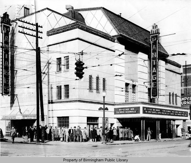 Black and white digital photo of the Pantages Theatre with a line waiting outside the movie theatre.