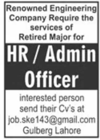 HR and admin officer jobs in well renowned Engineering Company in Lahore