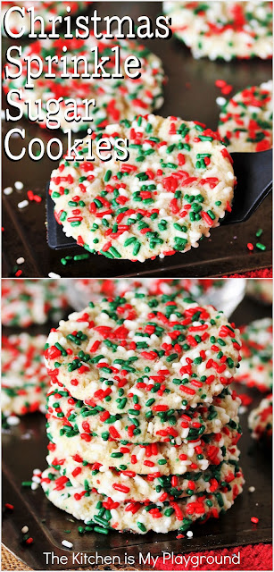 Christmas Sprinkle-Coated Sugar Cookies ~ Fully decked out in jolly red and green, soft and chewy Christmas Sprinkle-Coated Sugar Cookies are one fun and festive Christmas cookie treat. I mean, who doesn't love sprinkles, right??  www.thekitchenismyplayground.com