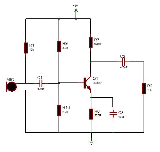 BJT amplifier circuit diagram in proteus