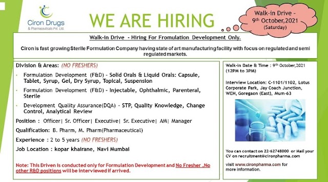 Ciron Drugs & Pharmaceuticals Pvt. Ltd.-Walk-In Interviews for FRD/ DQA On 9th October 2021