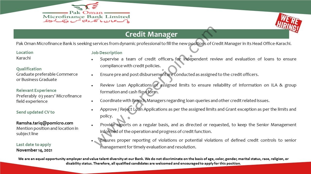 Pak Oman Microfinance Bank Limited Jobs Credit Manager