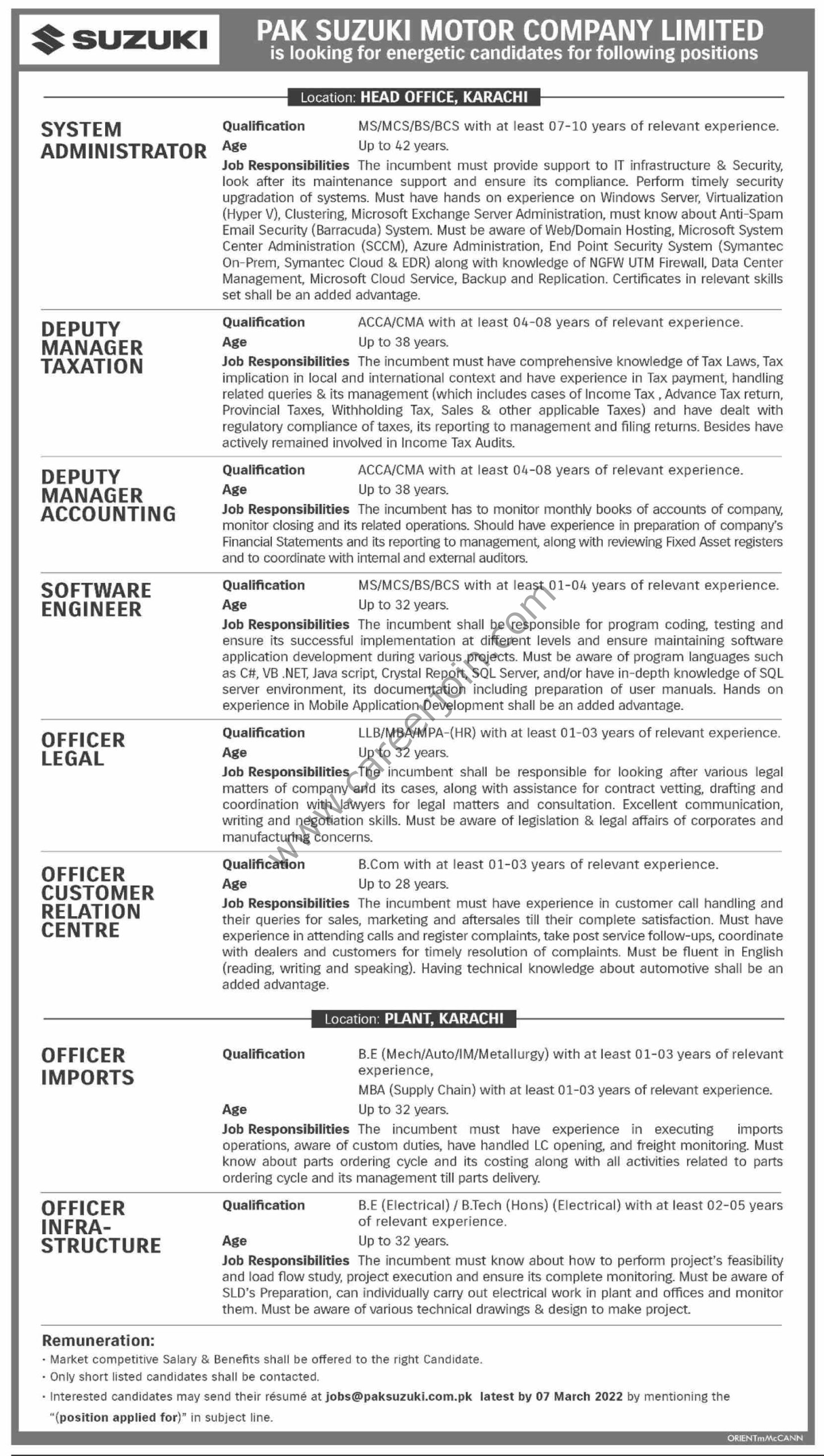 Pak Suzuki Motor Company Ltd Jobs 2022 in Pakistan