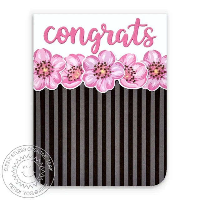 Sunny Studio Congrats Pink & Black Wedding Card (using Cherry Blossoms Stamps, Sleek Stripes Paper & Slimline Scalloped Frame Dies)