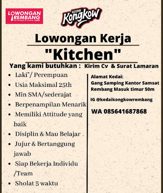 Lowongan Kerja Pegawai Crew Kitchen Kedai Kongkow Rembang