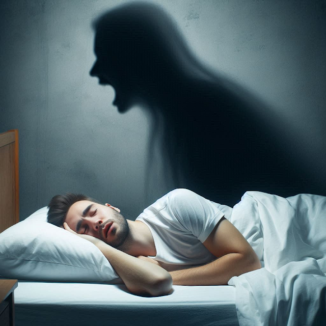 An individual lying in bed, experiencing sleep paralysis, with a shadowy figure in the background.