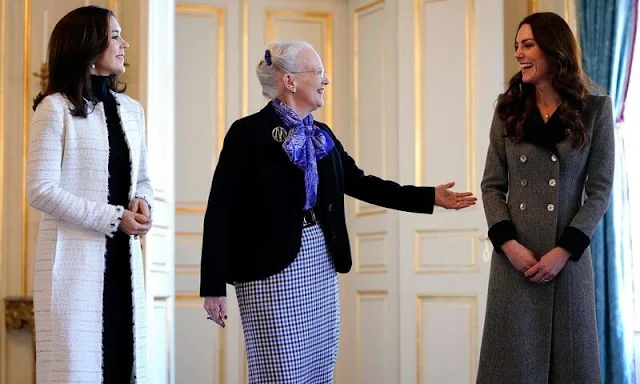 Kate Middleton wore a grey Marine coat from Catherine Walker. The Duchess of Cambridge, Queen Margrethe and Crown Princess Mary