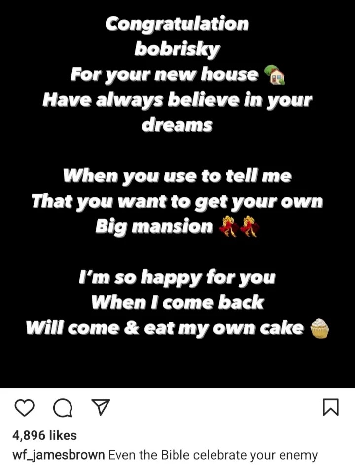 ''Celebrate Your Enemy'' - James Brown Says As He Congratulates Bobrisky On His New House
