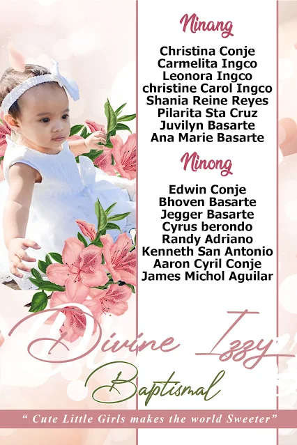 A baptismal invitation layout showing the child's name, date, and the sponsors.