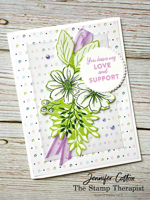 Card using Stampin' Up!'s Friendly Hello Sale a Bration 2022 stamp set and designer series paper.  Card says You have my love and support.  Jennifer Cotton.  More details on the video (on blog).