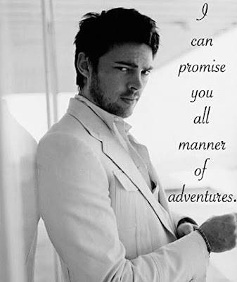 Karl Urban dressed in white giving the camera a steamy look with the caption I can promise you all manner of adventures