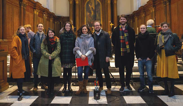 Soloists for John Eccles’ Semele, pictured at the Chapel of Trinity College, Cambridge, 2019, ahead of performance. From left to right: Bethany Horak-Hallett (Cupid), [Dave Rowell (recording engineer)], William Wallace (Athamas), Héloïse Bernard (Iris), Helen Charlston (Juno), Aoife Miskelly (Ino), Jonathan Brown (Cadmus), Jolyon Loy (Apollo), James Rhoads (3rd Priest, 2nd Augur), Anna Dennis (Semele) - (Photo Luke Koch de Gooreynd)