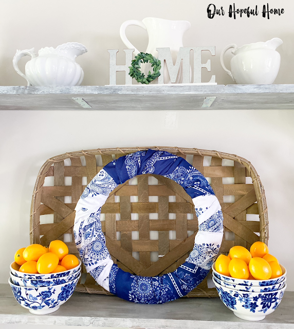 blue white paisley bandana wreath lemons bowls